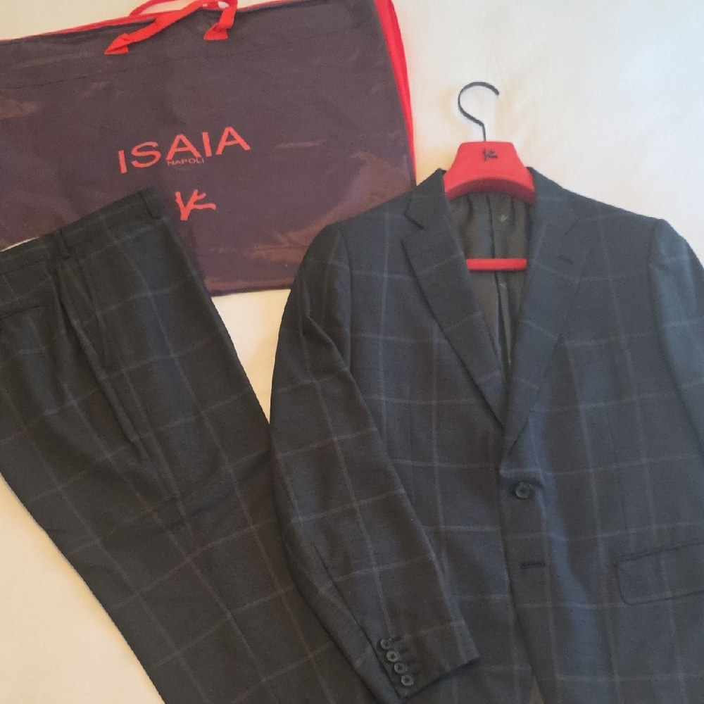 ISAIA Gregory Suit, 54 IT,  44 US, 2 Button Grey Windowpane